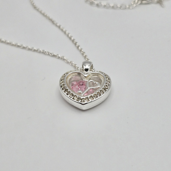 Heart Necklace Silvertone Keepsake Pendant Pink White Rhinestone Dainty Twee NEW - Picture 5 of 12